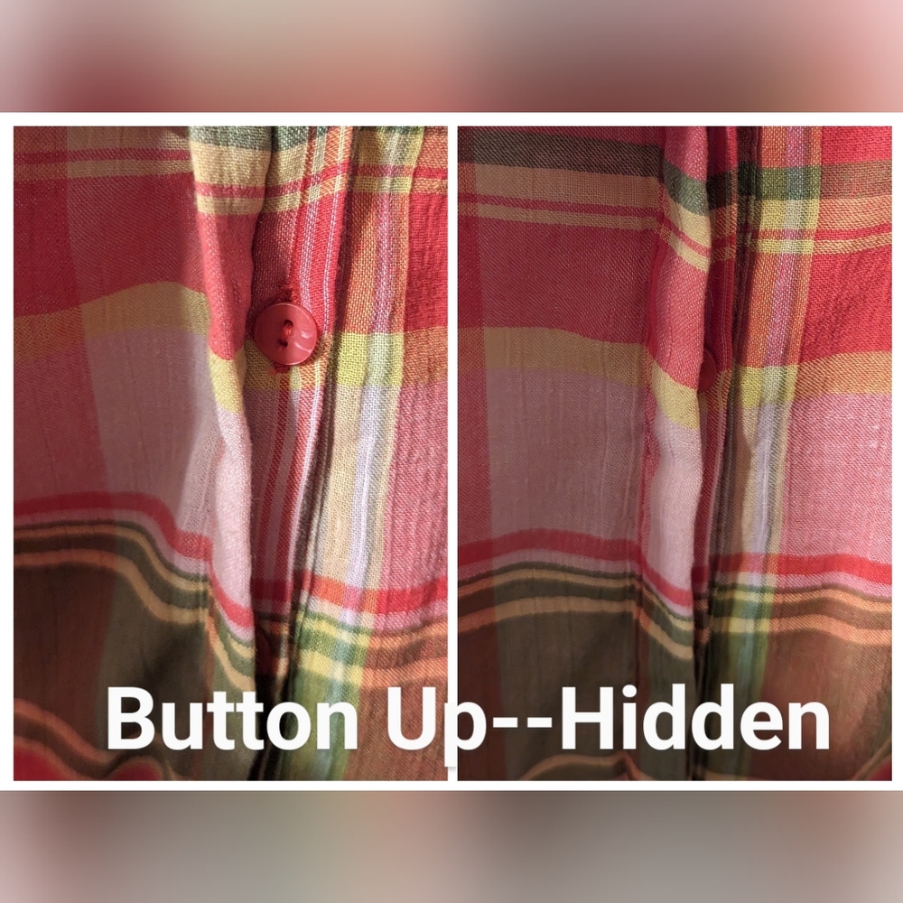 AUA PLUS 16W BLOUSE PINK, GREEN YELLOW, PLEATED BACK, TIE KNOT, PRE-LOVED, CUTE - Picture 6 of 6